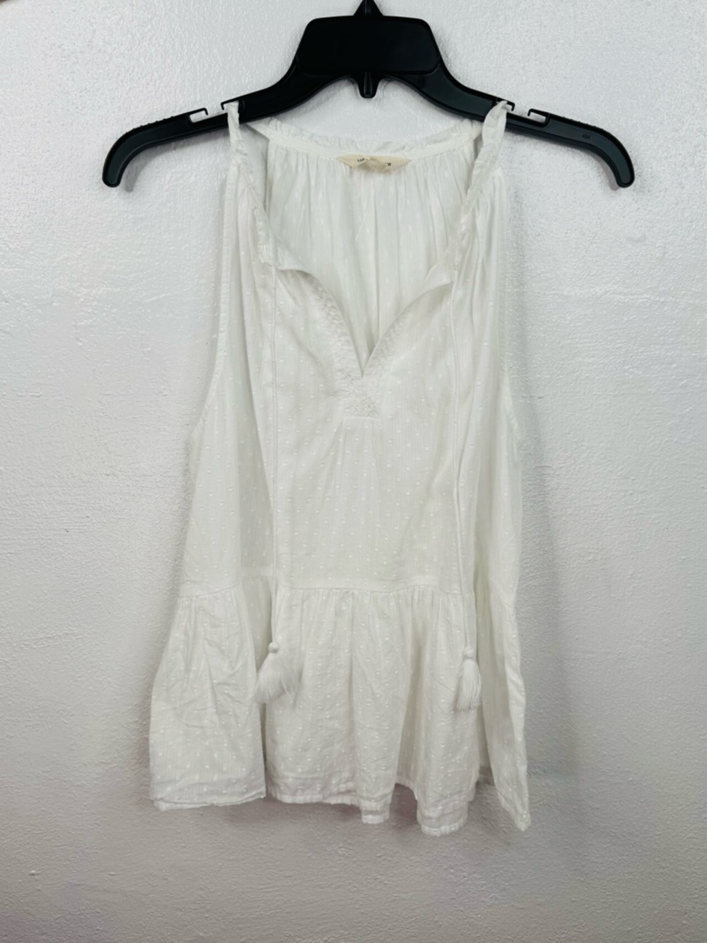 Lucky Brand Blouse Womens Size L White Swiss Dot Sleeveless Tunic Tassel Top